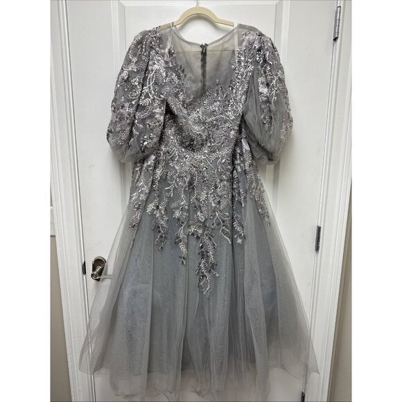 Mac Duggal Size 14 Gray 20475 Sequin Beaded Evening Midi Cocktail Dress $698 New - Picture 7 of 9